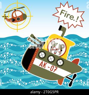 Lustiger Bär im U-Boot mit Hubschrauber, Ozeankrieg, Vektor-Zeichentrickillustration Stock Vektor