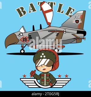 Junger Pilot-Cartoon mit Kampfjet, Vektor-Cartoon-Illustration Stock Vektor