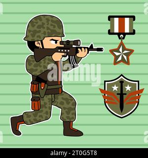 Soldat mit Gewehr mit militärischem Logo, Vektor-Zeichentrickillustration Stock Vektor