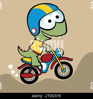 Lustiger Dinosaurier, der Motorrad reitet, Vektor-Karikaturillustration Stock Vektor