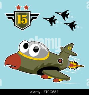 Lustiges Kampfflugzeug mit Militärlogo, Vektor-Zeichentrickillustration Stock Vektor