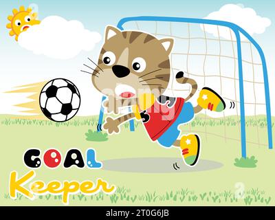 Lustige Katze, die Fußball spielt, süße Sonne hinter Wolken, Vektor-Karikaturillustration Stock Vektor
