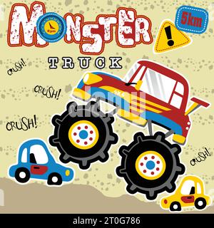 Monster Truck, der kleine Autos zerquetscht, Vektor-Zeichentrick-Illustration Stock Vektor