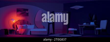 Nacht groovy Schlafzimmer Vektor Cartoon Haus innen 2D Hintergrund. Dunkelsauberes Haus Y2K Zimmer mit Bett, Glühlampe, Teppich, Spiegel und Kleiderschrank. Niemand rein Stock Vektor