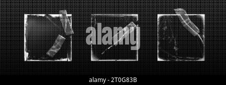 Vintage quadratisches Papier gerissene Überlagerung mit Bandkante auf schwarzem Hintergrund. Abgetragenes und kratzendes Modell mit Foto-Eckeffekt und verklebtem transparentem Faltenlack Stock Vektor