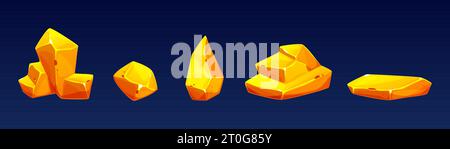 Goldmine Nugget und Fels - Comic Vektor Illustration Set von kleinen und großen goldenen Edelsteinen. Solider Naturschatz. Glänzende goldene Kristalle für das Spiel Stock Vektor