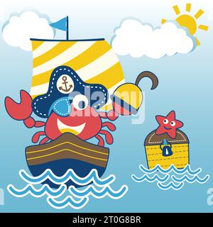 Niedlicher Krabbenpirat auf Segelboot, Seesterne auf Schatzkiste, Vektor-Zeichentrickillustration Stock Vektor