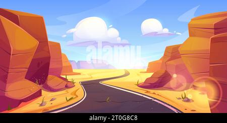 Wüstenstraße zwischen Canyon Cartoon Vektor Illustration. Leere Autobahn, umgeben von Sand- und Felsenbergen mit Wolken am Himmel. Sonnige Landschaft von weste Stock Vektor