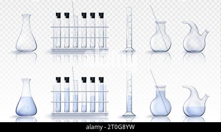 3D Labortest Glasbecher Ausrüstung Vektor. Naturwissenschaftliches Labor realistische Glaswaren und Röhrchen. Isolierter Chemikalienkolben. Leeres und gefülltes wissenschaftliches m Stock Vektor