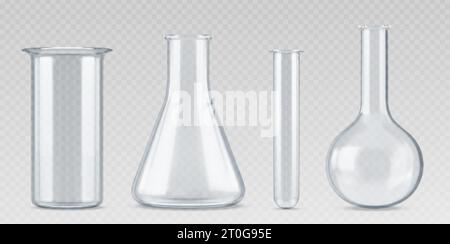 3. Chemielabor-Glas-Wissenschafts-Testkolben. Realistische Laborbecherausrüstung. Chemisches Glasgefäß, isoliertes Vektorset. Messung des leeren Zylinders Stock Vektor