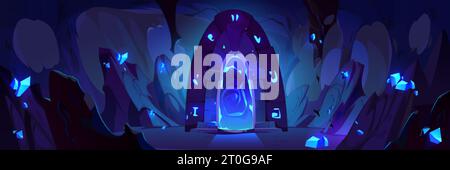 Fantasy-Portal zu einer anderen Welt oder Spielebene in einer dunklen Höhle mit Steinmauern und glitzernden Edelsteinkristallen. Cartoon Vektor magische Tür oder Eingang zu einem anderen Stock Vektor