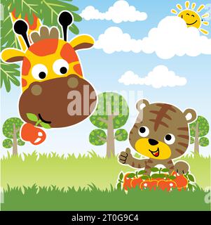 Niedliche Giraffe und Tiger in den Früchten im Wald, Vektor-Karikaturillustration Stock Vektor