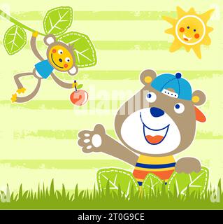 Lustiger Affe, der Früchte in Baumzweigen mit niedlichem Bären hält, lächelnde Sonne auf gestreiftem Hintergrund, Vektor-Karikaturillustration Stock Vektor