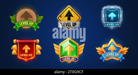 Design mit dem Symbol für das Level-Up-ui-Abzeichen und dem Vektor der Belohnungsschaltfläche. Prämienmedaille für Casino-Bonus. Futuristisches hud-, Grunge- und Royal Achievement-Interface-Zeichen mit ARR Stock Vektor