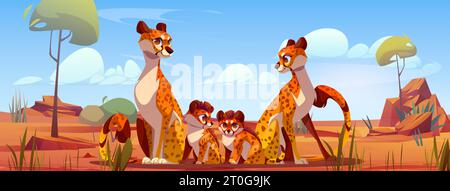Gepardenfamilie in Afrika Cartoon Vektor Hintergrund. Savannah-Landschaft mit Leoparden, die in der Nähe von Baby-Katzen-Szene sitzen. Tropischer exotischer Zoo-Charakter Stock Vektor