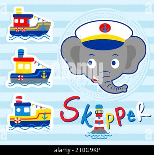 Nettes Elefant Lächeln Gesicht mit nautischem Schiff und Leuchtturm, Vektor-Karikaturillustration Stock Vektor