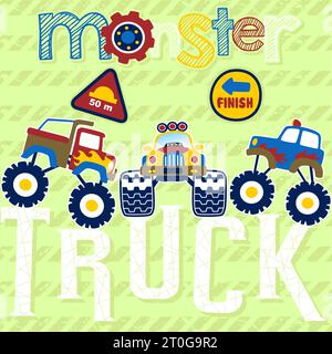 Monster Trucks mit Rennwagen-Element, Vektor-Zeichentrick-Illustration Stock Vektor