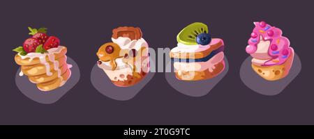 Pfannkuchen und Kuchen Dessert Vektor-Symbol Illustration. Cartoon süßes Frühstück, isoliertes Set. Erdbeergebäck und Honig-Panna-Snack-Design für Speisen. Stock Vektor