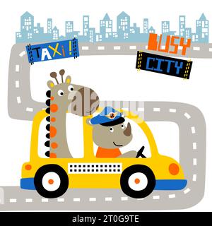 Niedliches Nashorn mit Giraffe auf Taxi in der Stadtstraße, Vektor-Karikaturillustration Stock Vektor