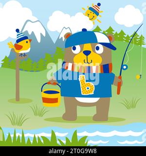 Lustiger Bär Fischen im Fluss mit kleinen Vogel, Sonne hinter Wolken, Vektor-Karikaturillustration Stock Vektor