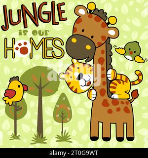 Niedlicher Tiger, der auf Giraffe mit Vögeln im Wald reitet, Vektor-Karikaturillustration Stock Vektor
