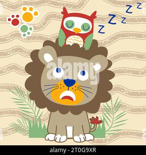 Niedliche Eule, die auf Löwenkopf schläft, Vektor-Zeichentrickillustration Stock Vektor