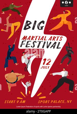 Martial Arts-Festival-Poster mit Kämpfern auf rotem Hintergrund mit weißer flacher Vektorgrafik Stock Vektor