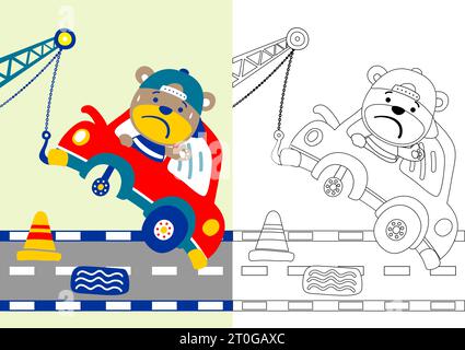Lustiger Bär auf Pannenwagen auf der Straße, Vektor-Zeichentrickillustration, Malbuch oder Seite Stock Vektor
