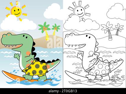 Niedliche Dinosaurier surfen am Strand in den Sommerferien, Malbuch oder Seite, Vektor-Cartoon Stock Vektor