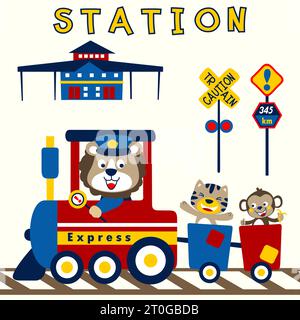 Lustige Tiere auf Dampfeisenbahn mit Zugelementen, Vektor-Zeichentrickillustration Stock Vektor