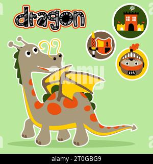 Lustiger Drache mit Märchenelementen, Vektor-Zeichentrickillustration Stock Vektor