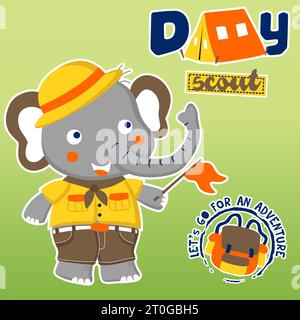 Netter Elefant in Pfadfinderuniform mit Camping-Elementen, Vektor-Karikaturillustration Stock Vektor