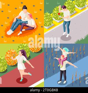 Happy People Outdoor 4 isometrische Symbole quadratische Konzept mit Paaren und Singles genießen Natur isoliert Vektor Illustration Stock Vektor