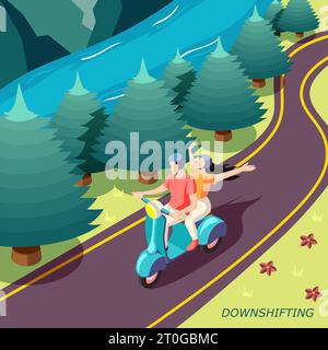 Downshifting Flucht beschäftigt stressigen Leben isometrische Landschaft Hintergrund Poster mit glücklichen Paar auf Motorrad-Vektor-Illustration Stock Vektor