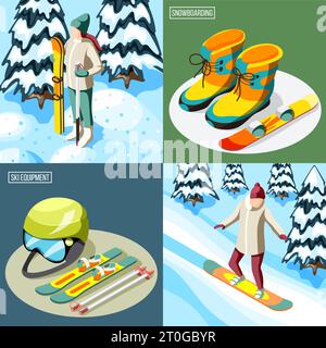 Skigebiet isometrisches Design Konzept Skifahrer mit Sportgeräten und Snowboarder auf der Piste isoliert Vektor-Illustration Stock Vektor