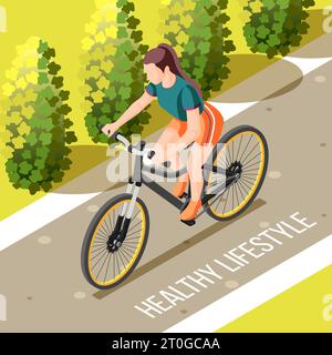 Gesunder Lebensstil isometrische Vektor-Illustration von Outdoor-Radfahren mit jungen Frau Fahrrad fahren im Stadtpark Stock Vektor