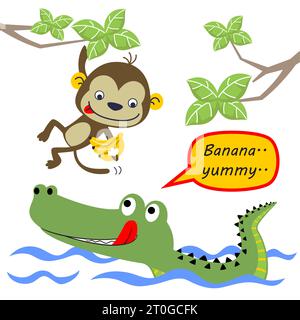 Lustiges Krokodil im Fluss, niedlicher Affe, der an Baumzweigen hängt, die Banane tragen, Vektor-Zeichentrickillustration Stock Vektor