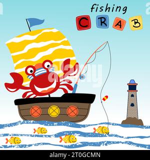 Lustige Krabbenfischen mit Segelboot, Segelelemente, Vektor-Karikaturillustration Stock Vektor