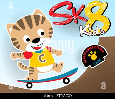 Kleine Katze, die Skateboard spielt, Vektor-Comic-Illustration Stock Vektor