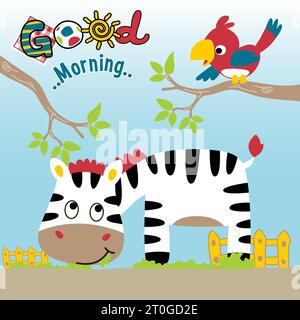 Lustiges Zebra, das Gras isst, Vogel auf Baumzweigen, Vektor-Zeichentrickillustration Stock Vektor