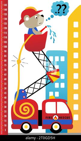 Meterwand mit lustigem Bären auf Kran in der Rettung, Feuerwehrauto mit Gebäuden, Vektor-Zeichentrickillustration Stock Vektor