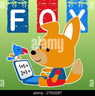 Niedlicher Fuchs und Vogel mit Notizbuch, Vektor-Karikaturillustration Stock Vektor