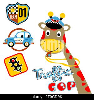 Vektor-Cartoon von süßen Giraffen mit Traffic Cop Elementen Stock Vektor
