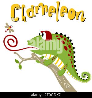 Chamäleon auf Baumästen versuchen, eine Libelle zu fangen, Vektor-Zeichentrick-Illustration Stock Vektor
