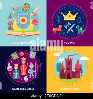 Mittelalterliches Spiel Design-Konzept mit Ressourcen flache Symbole isoliert Vektor-Illustration gesetzt Stock Vektor