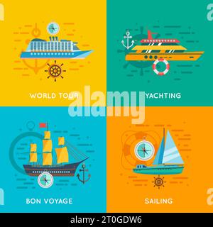 Ocean Liner Welt Kreuzfahrt und Yacht Club Segeln 4 flache Symbole quadratische Banner abstrakt isoliert Vektor Illustration Stock Vektor