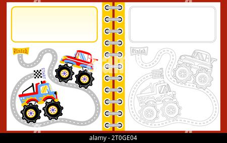 Monster Truck Racing mit Textvorlage, Malbuch oder Seite, Vektor-Zeichentrickillustration Stock Vektor