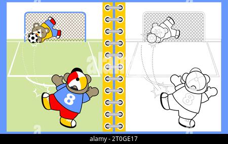 Zwei niedliche Bären, die Fußball spielen, Malbuch oder Seite, Vektor-Karikaturillustration Stock Vektor