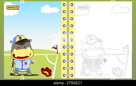 Niedliches Nilpferd im Baseballspieler Kostüm, Vektor-Zeichentrickillustration, Malbuch oder Seite Stock Vektor