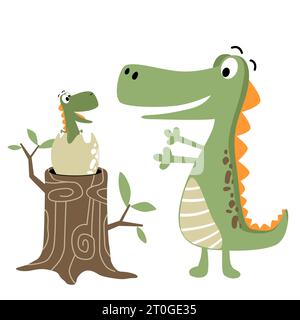 Vector illustration of cute dinosaur with it newborn baby on tree stump Stock Vektor